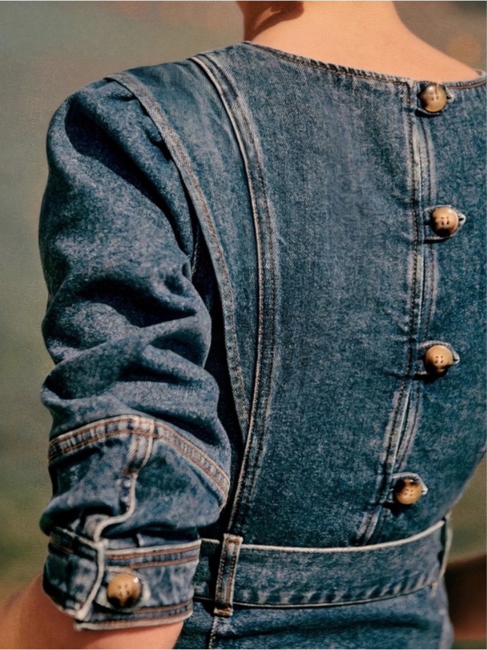 SEZANE Blue Denim Tie Waist Belted Puff Sleeve Button Back Haneia Mini Dress - Picture 4 of 15